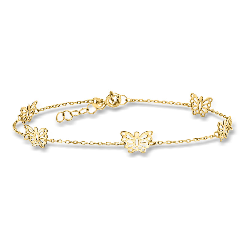 14kt yellow gold butterfly station bracelet with small dangling butterfly charms