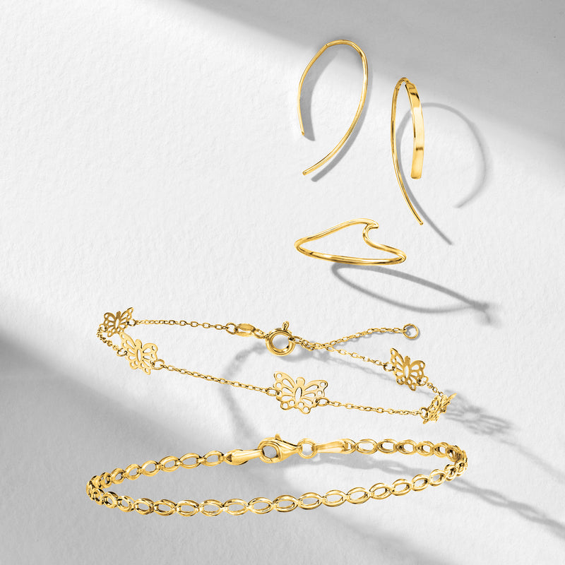 Yellow gold chain bracelet with butterfly charms and clasp, shown from top and side