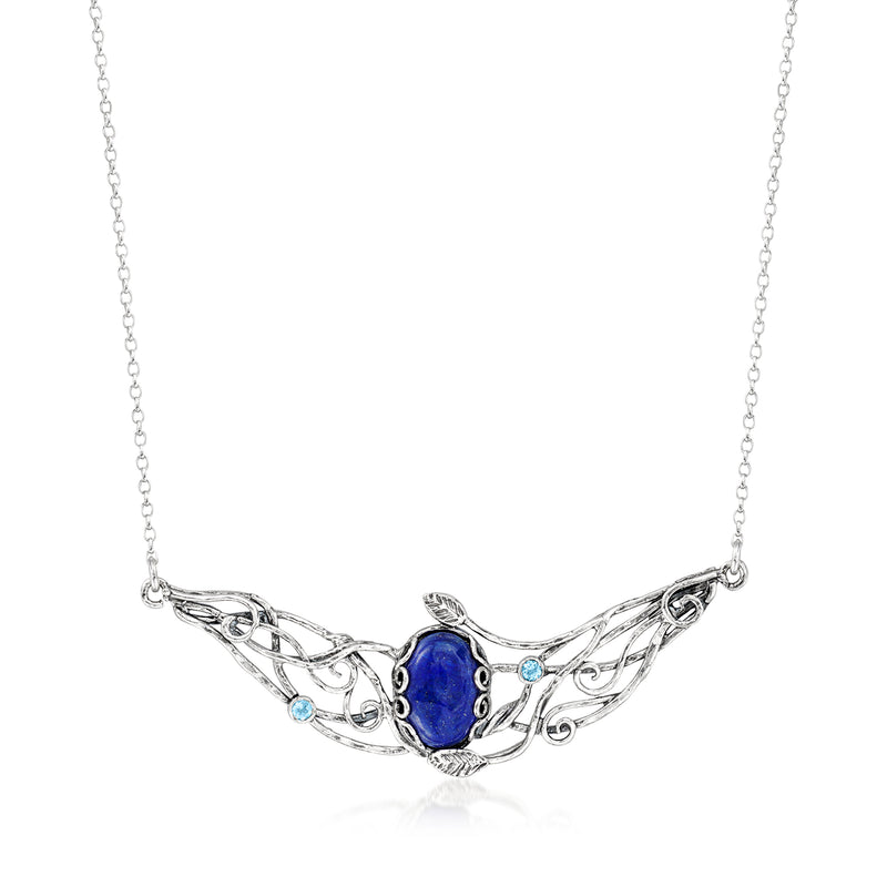 Sterling silver bib necklace with blue gemstone centerpiece and small round blue accents