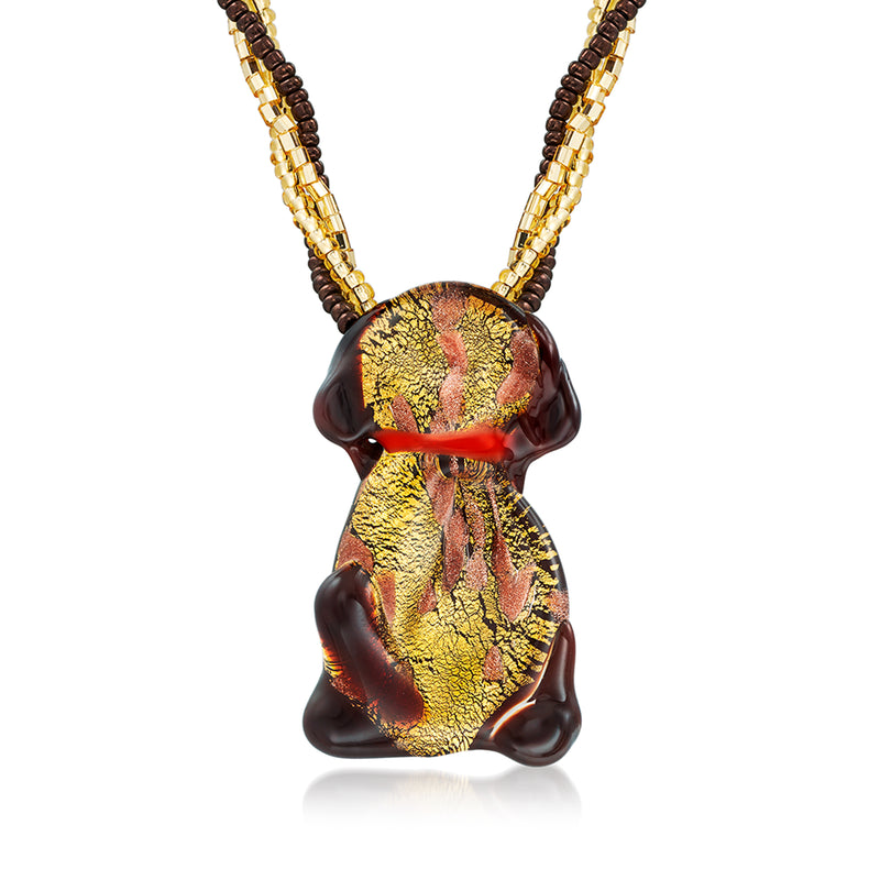 Three-strand goldtone bead necklace with multicolored Murano glass dog pendant