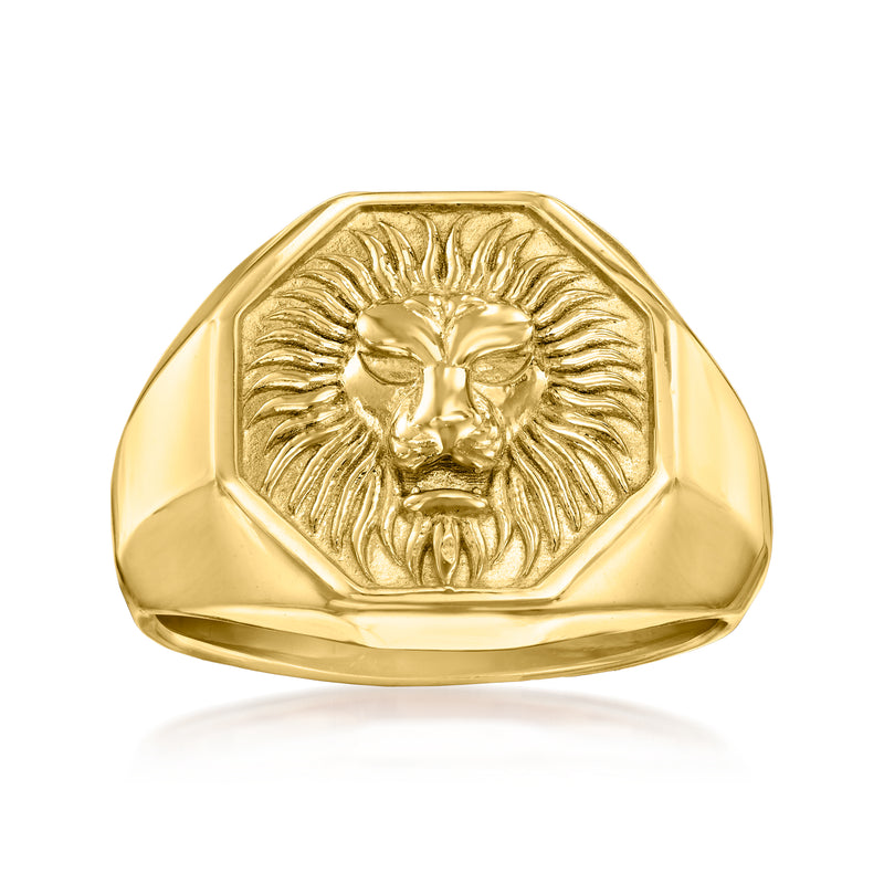 Gold lion head signet ring with raised bezel and engraved mane detail