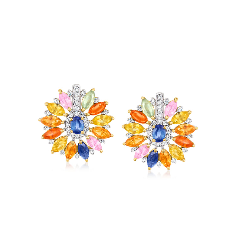 14kt yellow gold flower stud earrings with blue center, multicolored sapphires, diamond accents