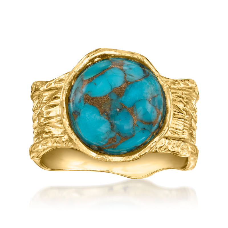 Gold-tone wide ring with round turquoise cabochon and hammered band texture