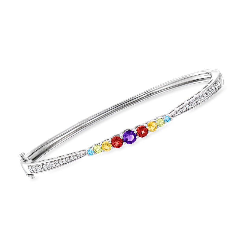 Sterling silver bangle bracelet with multicolor gemstones and clear pave accents