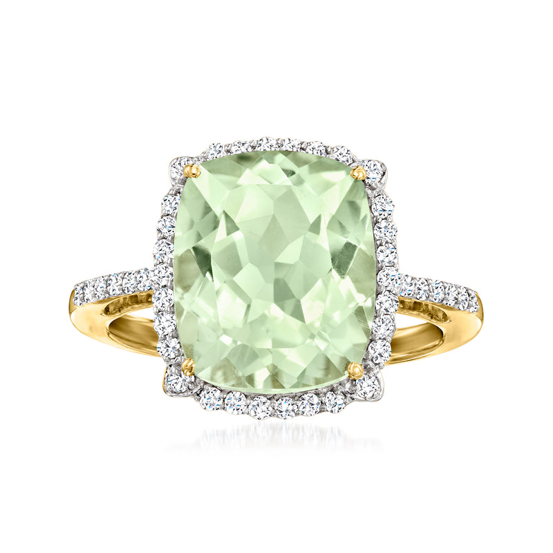Prasiolite and diamond halo ring, cushion-cut light green gemstone in 14k yellow gold