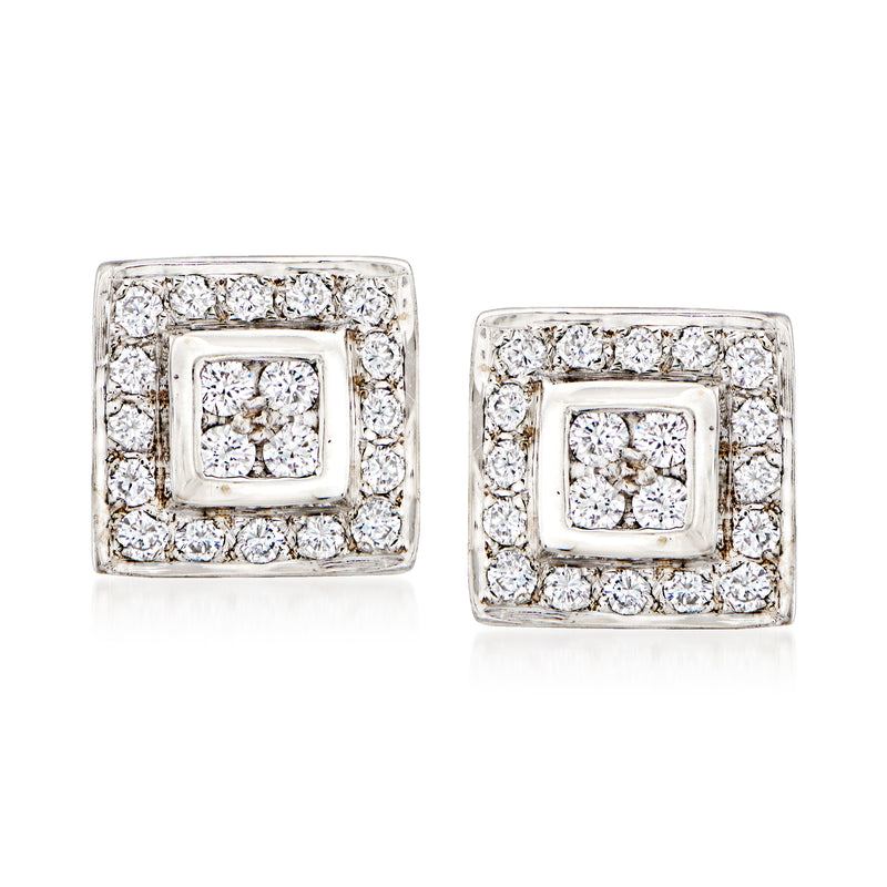 Square diamond stud (post) earrings in 14kt white gold with halo frame design