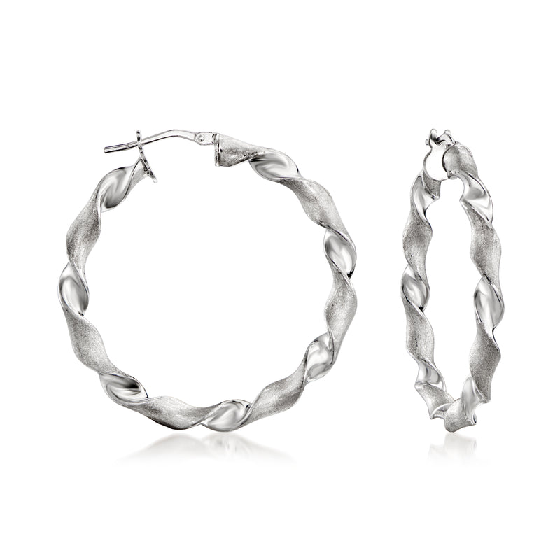 Italian sterling silver twisted hoop earrings with rope-like twist texture and hinged backs