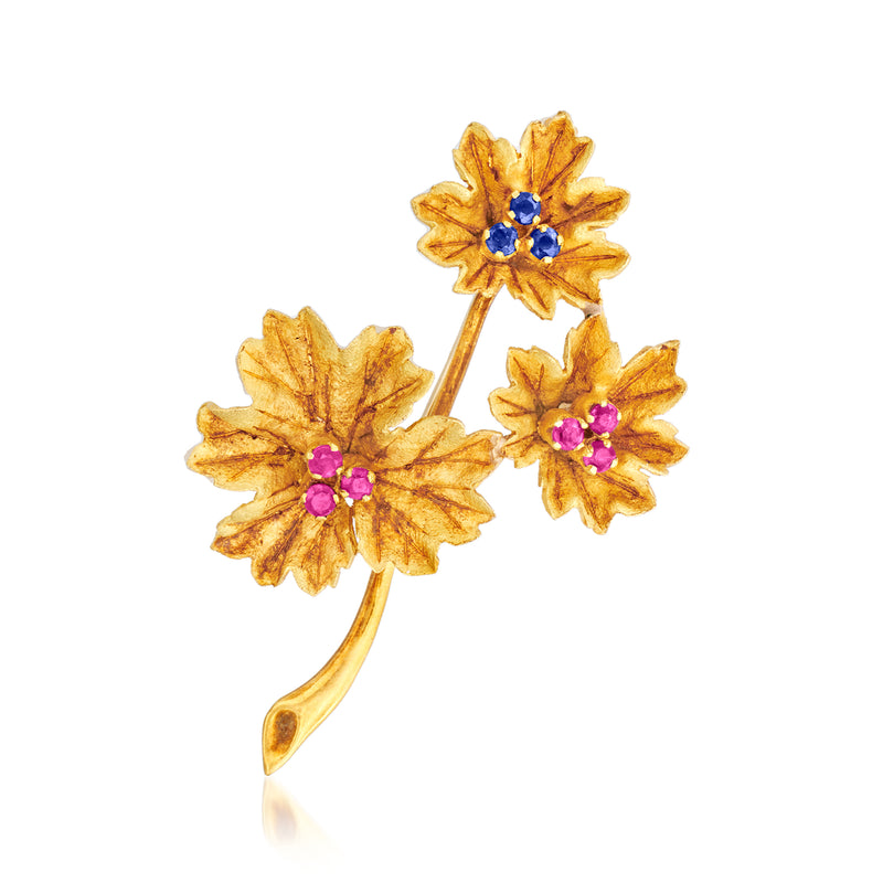 Vintage 14kt yellow gold flower pin with ruby and sapphire gemstone clusters