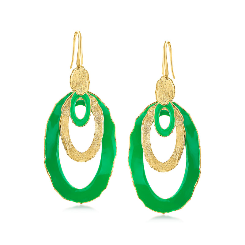 Gold over sterling drop earrings with green enamel multi-oval ovals and earwire hooks
