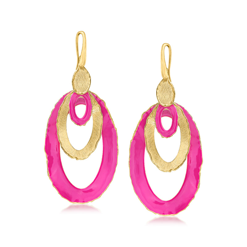 Gold earwire drop earrings with pink enamel multi-oval teardrop dangles.