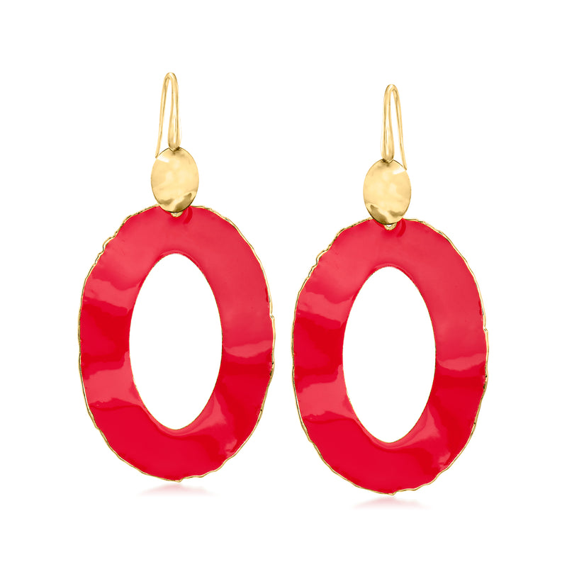 Red enamel oval drop earrings with gold-tone earwire, teardrop oval shape
