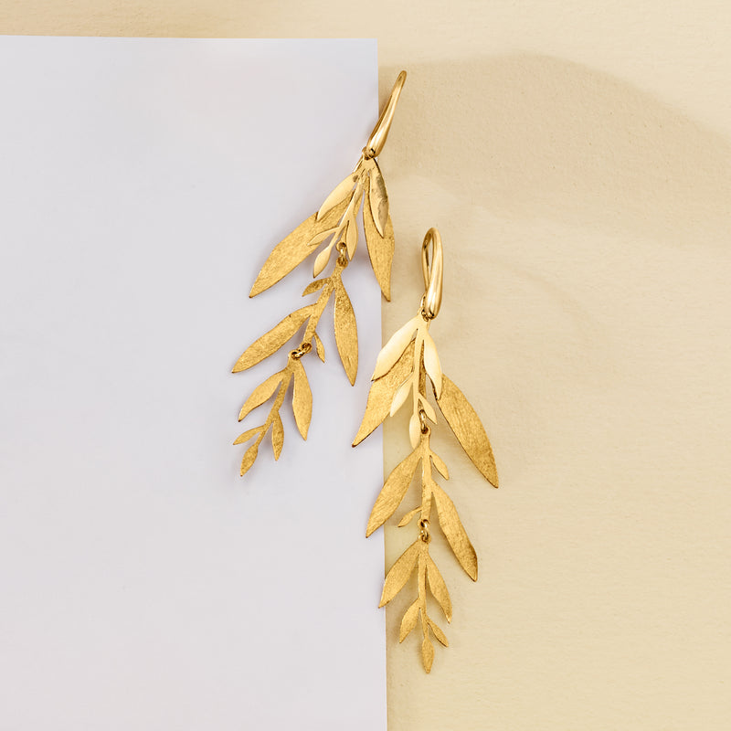 Gold over sterling leaf drop earrings, long branch cluster on hoop earwire