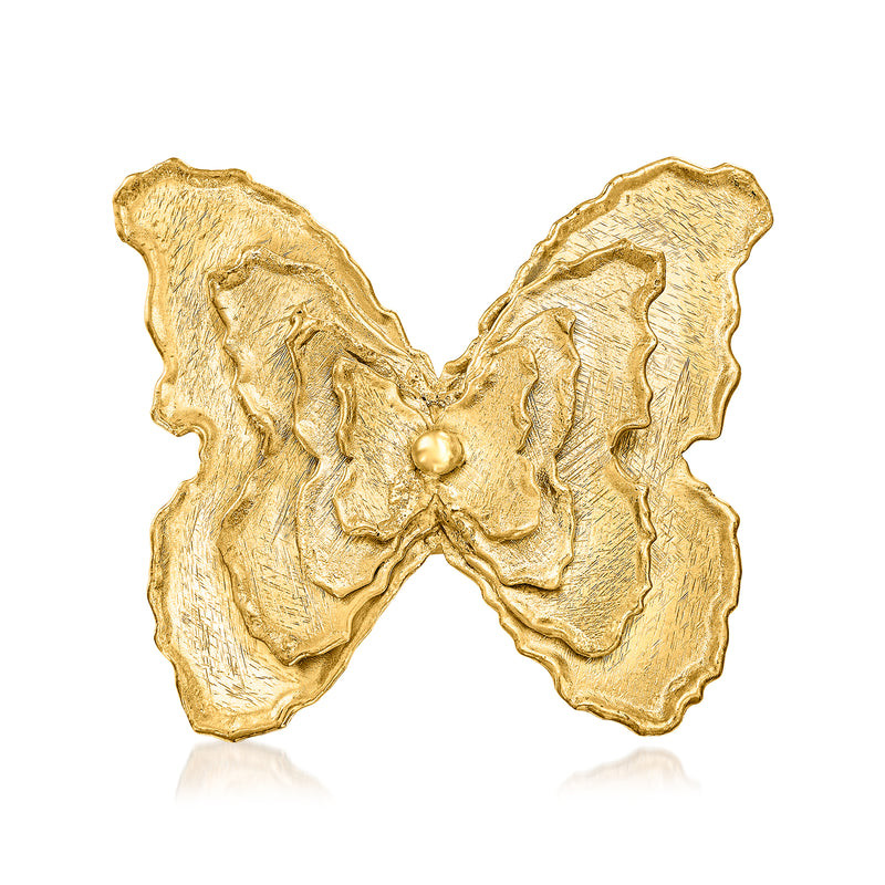 18kt gold butterfly ring with textured brushed-and-polished wings and small center gem