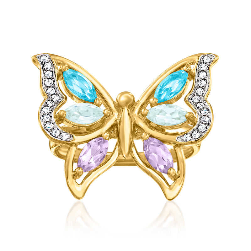 18kt gold over sterling butterfly ring with blue and purple gemstones, prong set