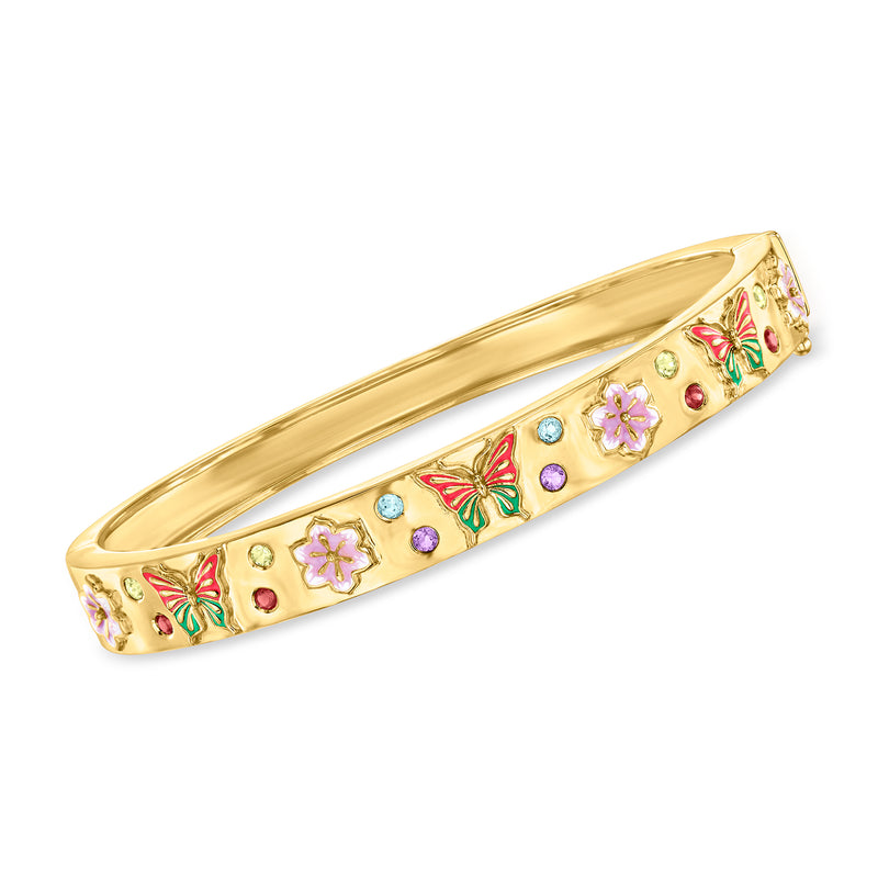 Gold-tone bangle bracelet with colorful enamel butterfly motifs and multicolor gemstone insets