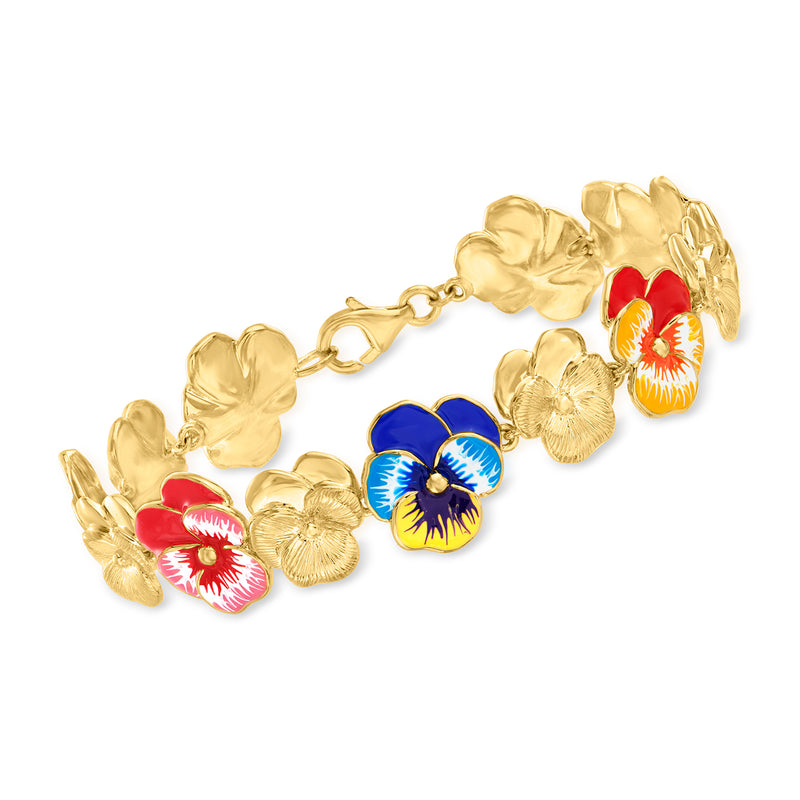 Gold over sterling enamel pansy flower bracelet with multicolor blossom charms and clasp