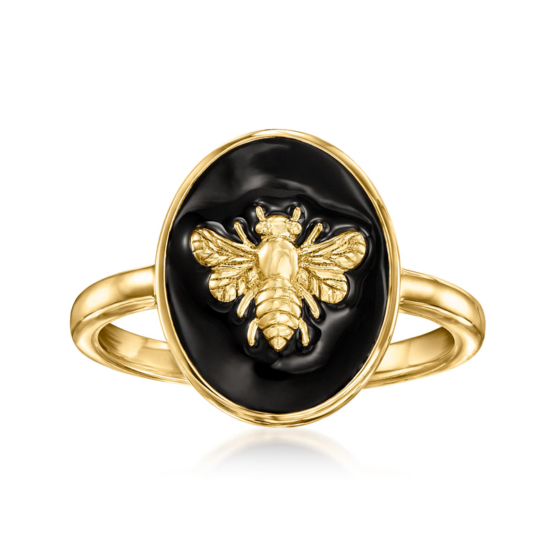 Gold bumblebee ring with black enamel oval face and raised bee