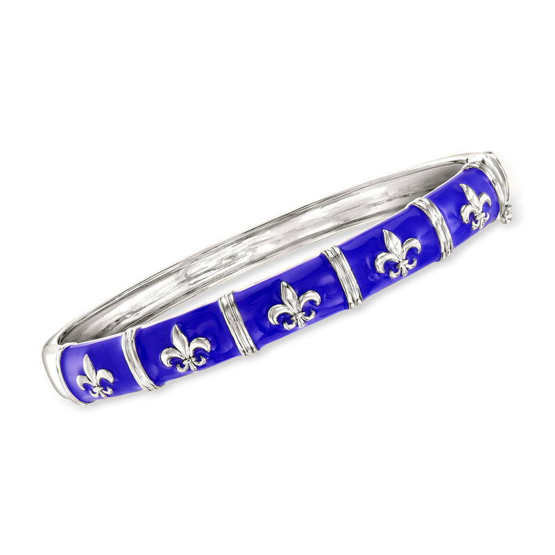 Sterling silver bangle bracelet with blue enamel fleur-de-lis accents