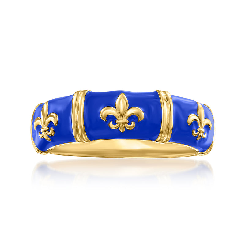 Blue enamel fleur-de-lis ring with gold-tone band, rounded top, glossy finish