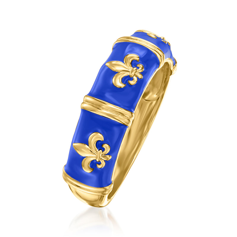Blue enamel fleur-de-lis ring side view with gold-tone band and polished edges