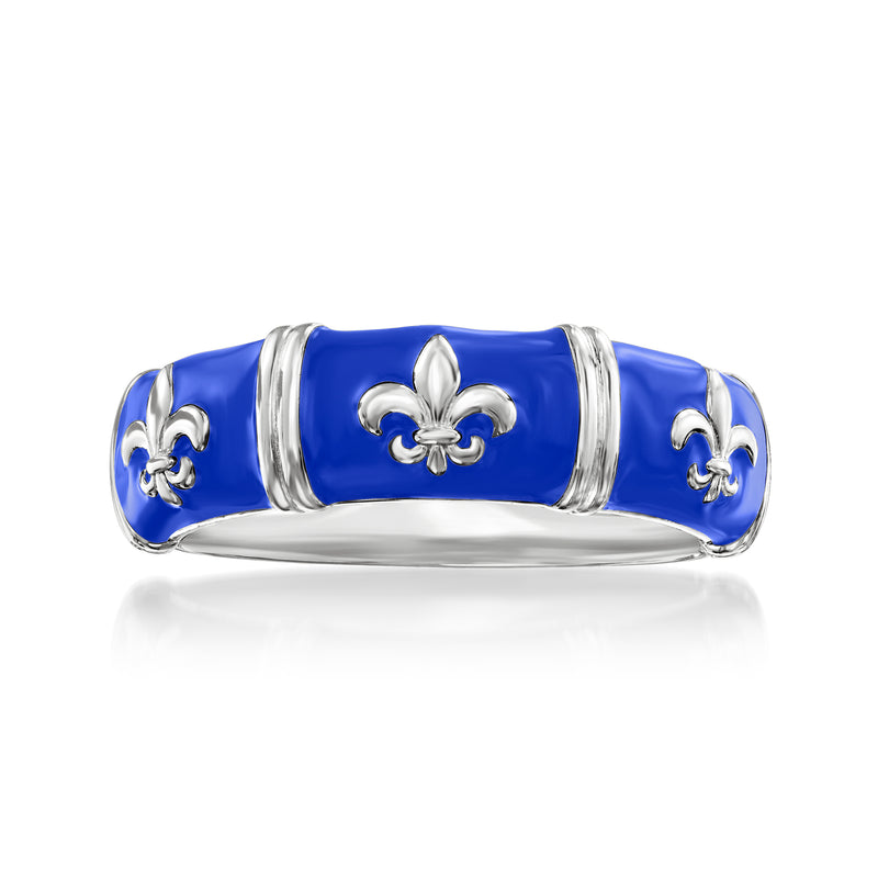 Sterling silver ring with blue enamel panels and fleur-de-lis detailing