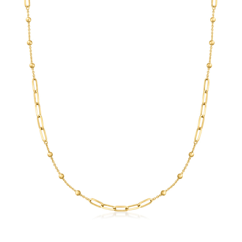 14kt yellow gold paper clip link and round bead necklace chain with clasp
