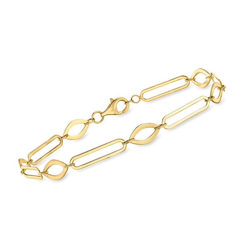 14kt yellow gold alternating rectangle and marquise-link bracelet with clasp