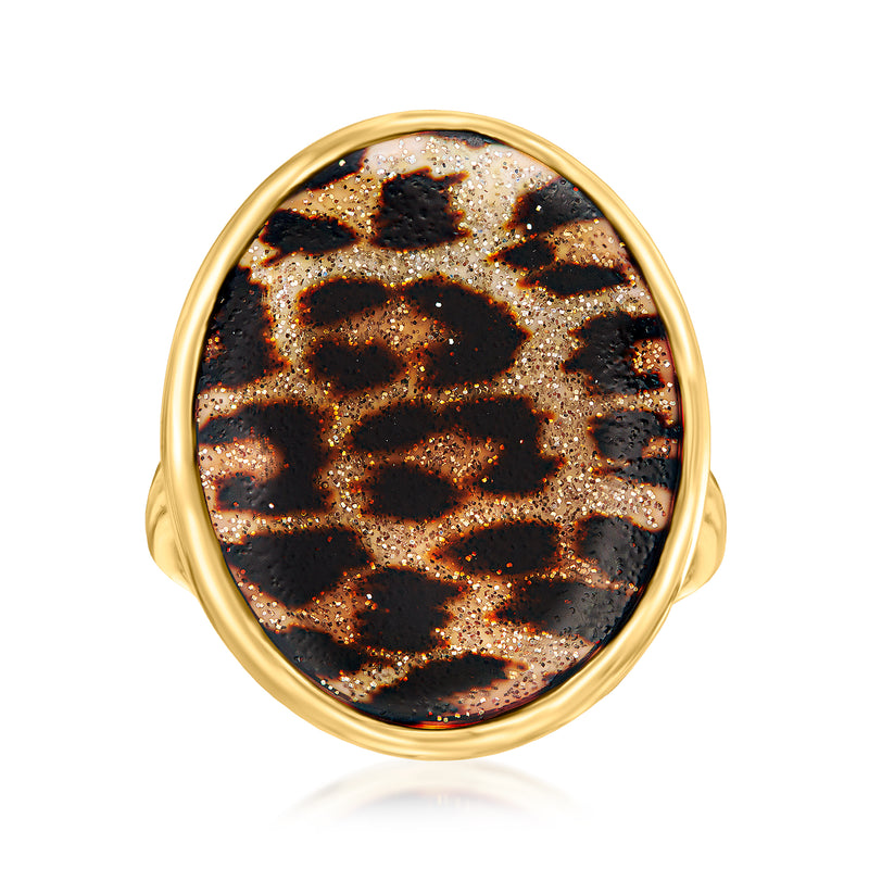 18kt gold oval enamel ring with leopard-print pattern and black and tan speckles