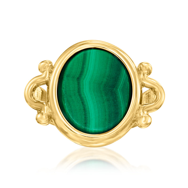 Gold-tone oval malachite gemstone ring with carved swirl side details