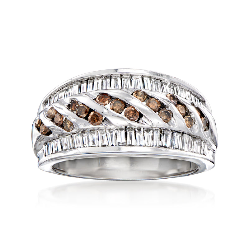 14kt white gold diamond band ring with white baguette and brown round diamonds