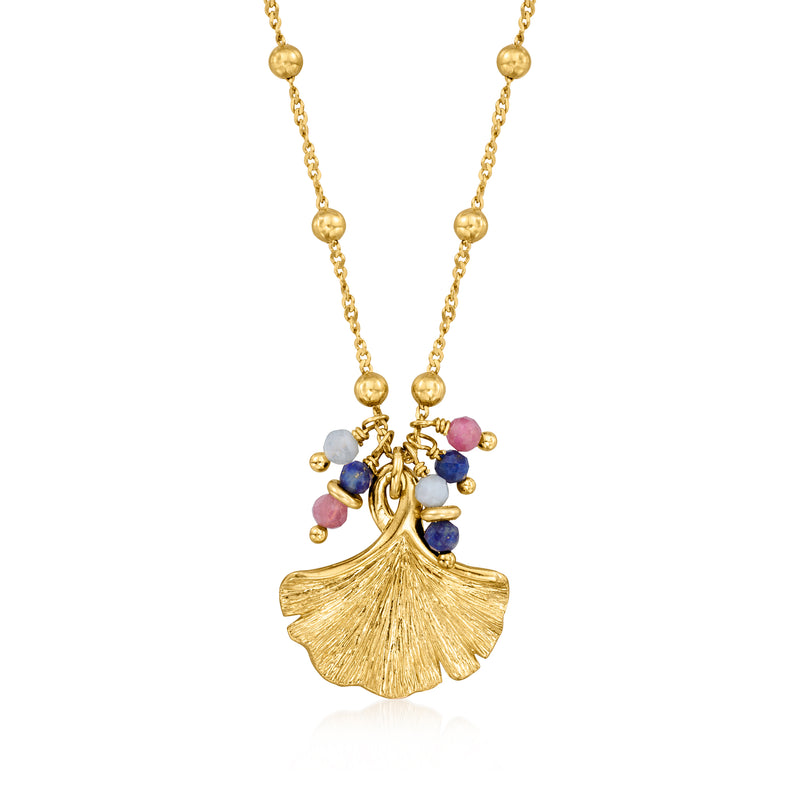 Gold-tone ginkgo leaf necklace with bead chain and multi-gem centerpiece pendant