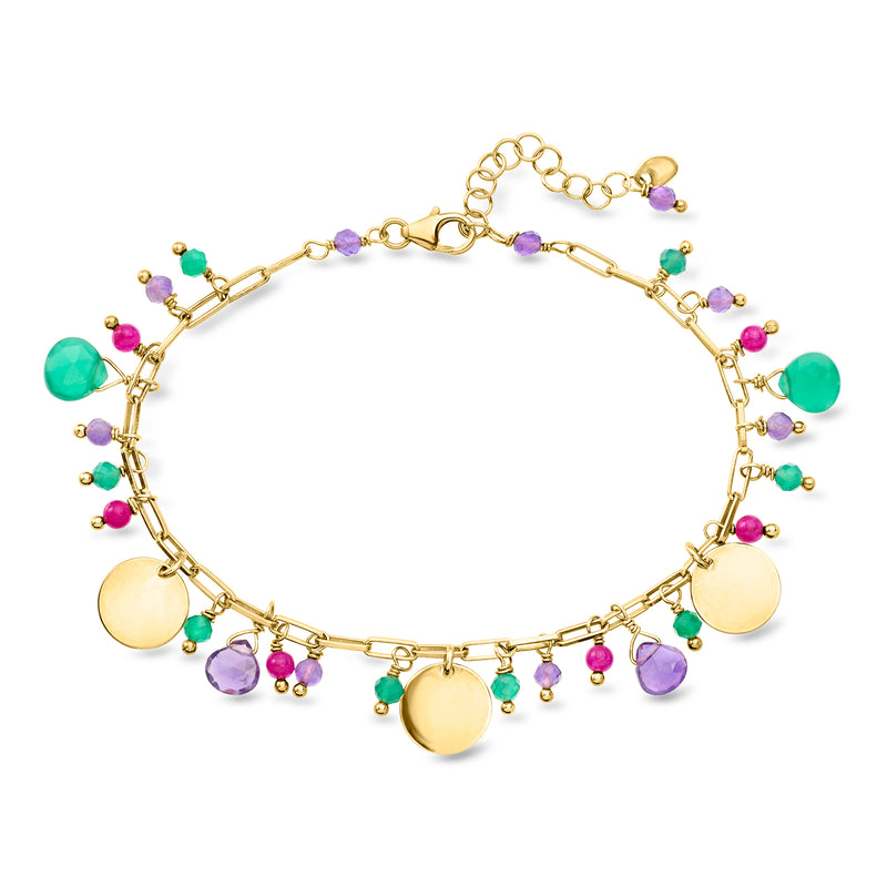 Gold-tone disc charm bracelet with multicolor gemstone beads and chain links