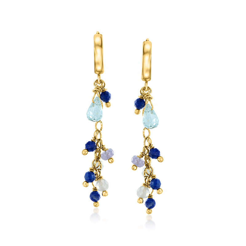 Gold hoop drop earrings with clustered light and dark blue gemstones