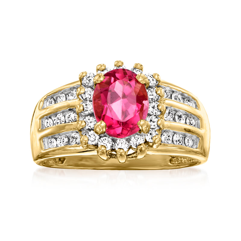 14kt yellow gold ring with pink oval tourmaline center and diamond accents