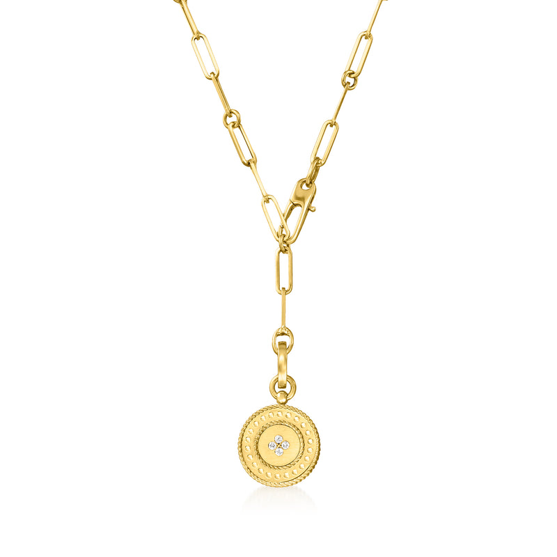 18k yellow gold lariat necklace with paper-clip links and round diamond-accent pendant