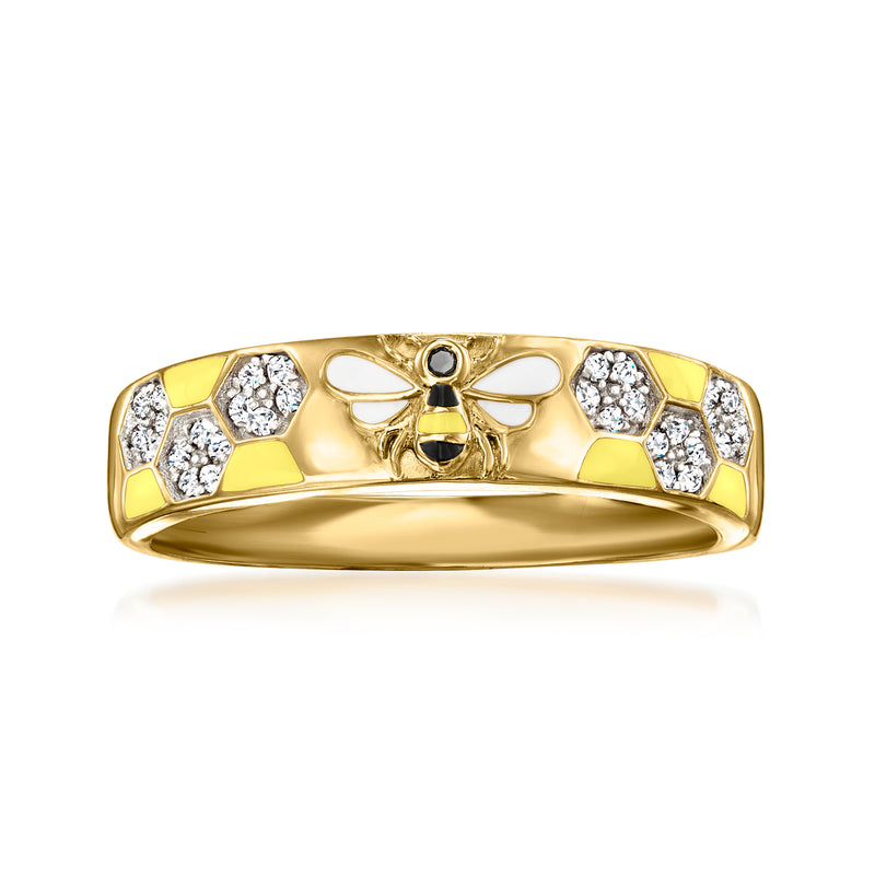 Gold bumblebee ring with yellow enamel and sparkling diamond accents, round halo stones