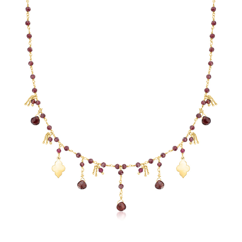 Garnet red bead drop necklace with gold-tone accents and dangling charm clusters
