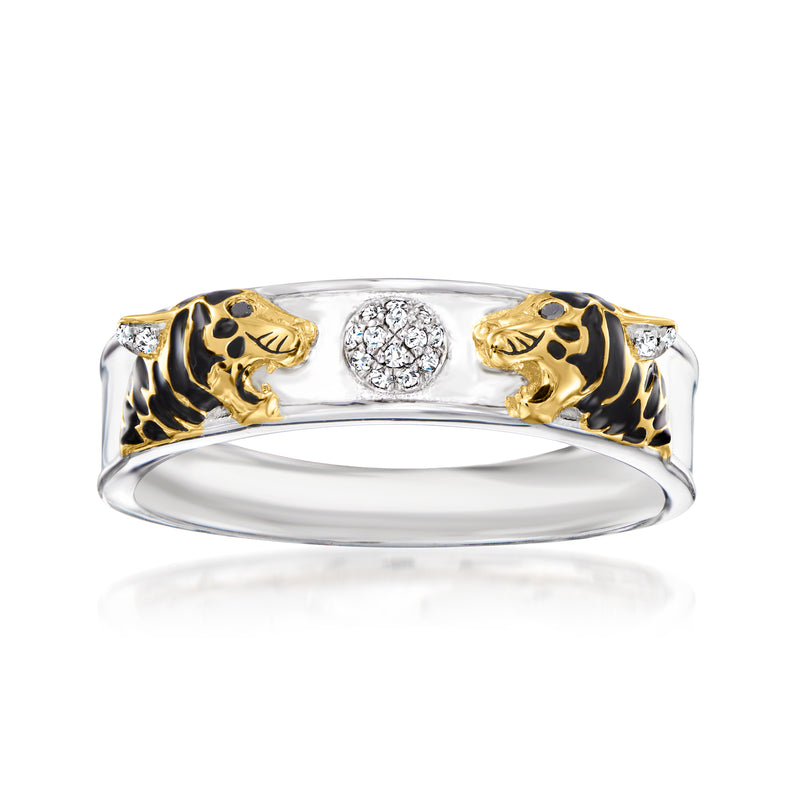 Two-tone sterling silver tiger ring with black enamel heads and round clear stone
