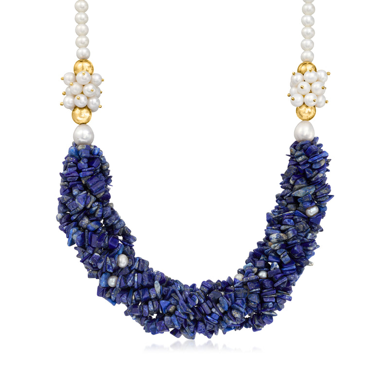 Lapis blue bead necklace with clustered pearls and 18kt gold accents