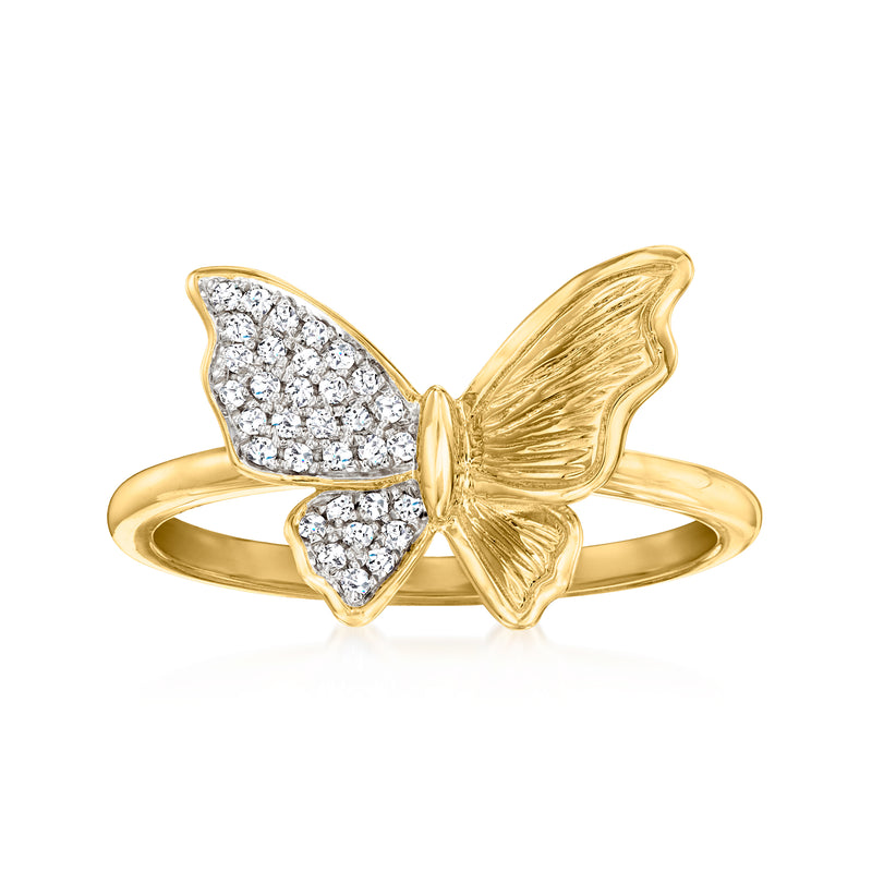 Diamond butterfly ring in 18kt gold over sterling, with pavé diamond wings