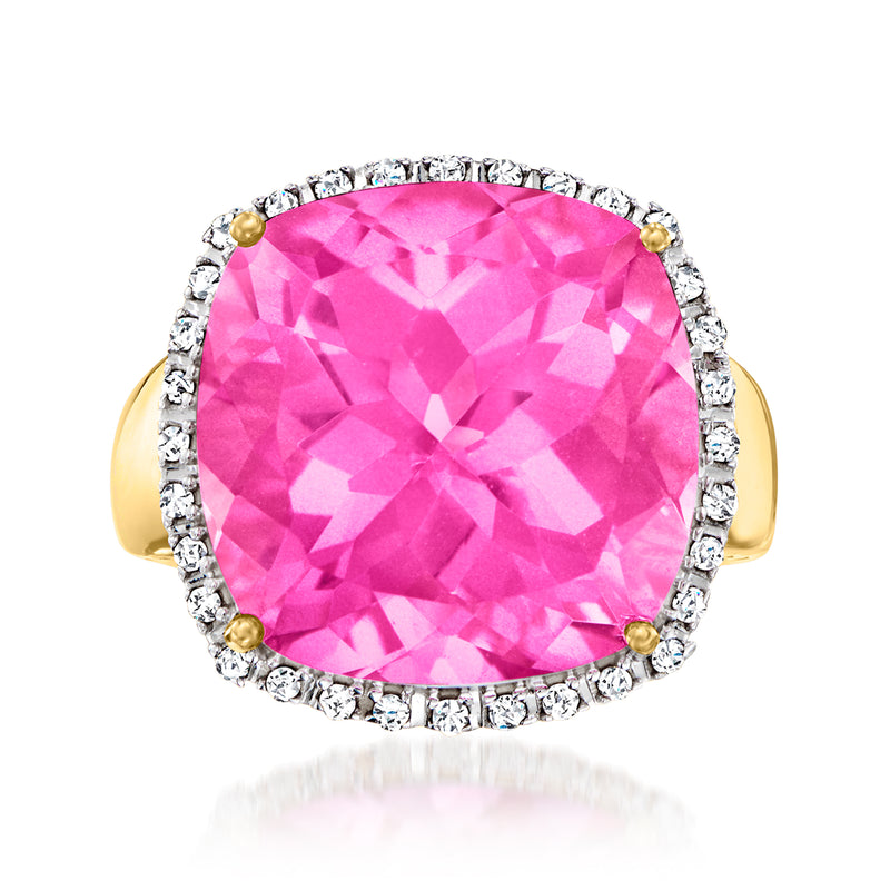 Pink topaz and diamond halo ring in 14kt yellow gold, oval center gemstone