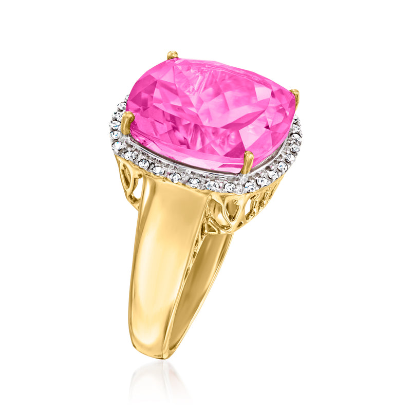 Oval pink topaz ring with diamond halo and yellow gold shank, side view