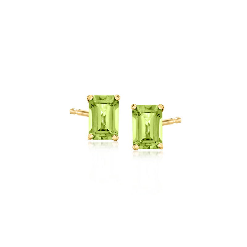 Peridot green square stud earrings in 14kt yellow gold, prong-set