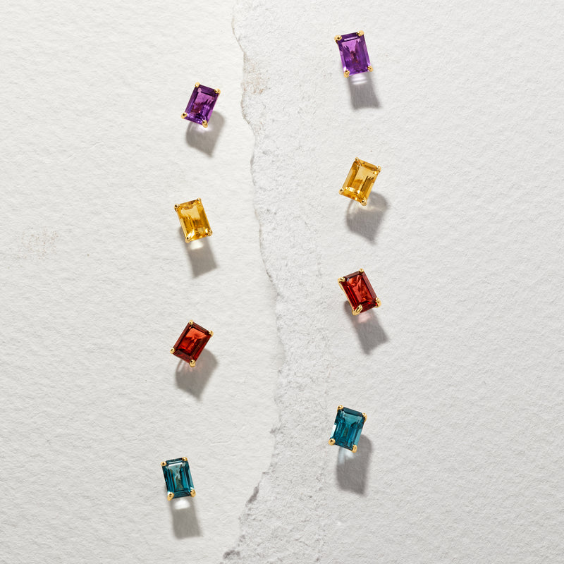 14kt yellow gold stud earrings with rectangular gemstones in multiple colors