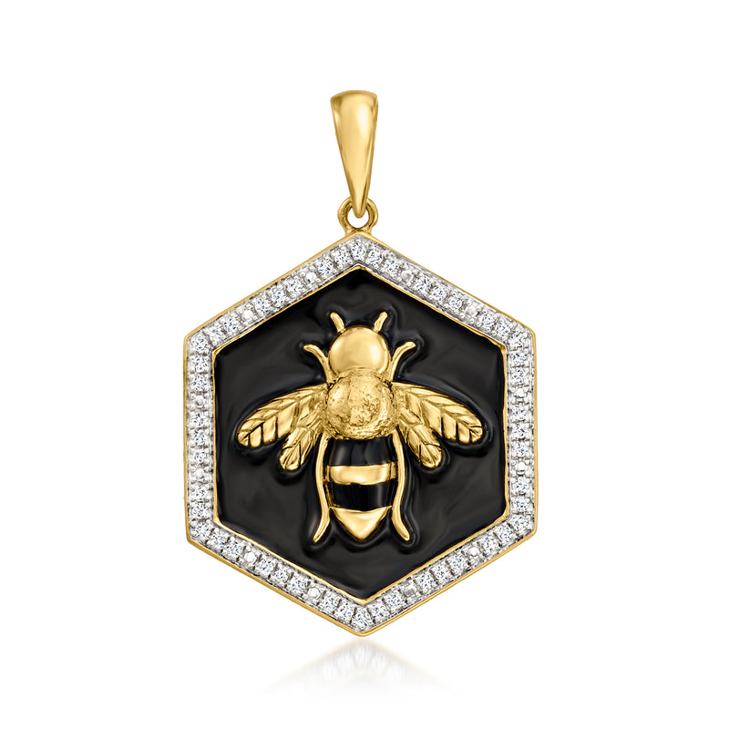 Hexagonal bumblebee pendant with black enamel, diamond border, gold-tone bee, bail