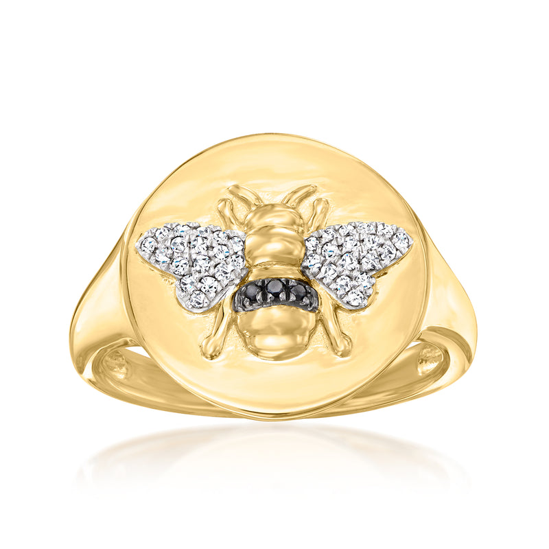 18kt gold over sterling signet ring with diamond-accented bee motif and black center