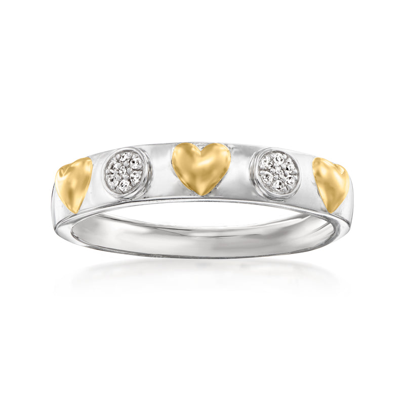 Two-tone sterling silver ring with heart-shaped gold accents and round diamond-style stones