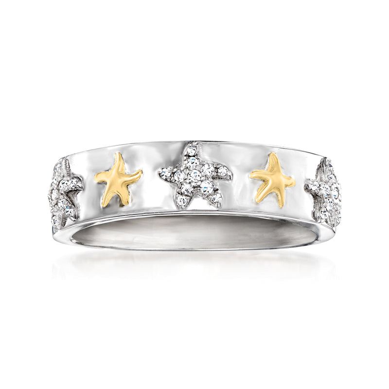 Two-tone sterling silver diamond starfish ring with gold starfish inlay and clear stones