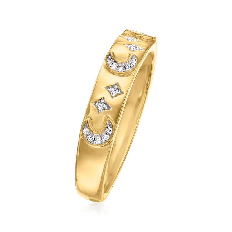 Gold-tone moon and star ring with faceted crystal-like stones on a slim polished band