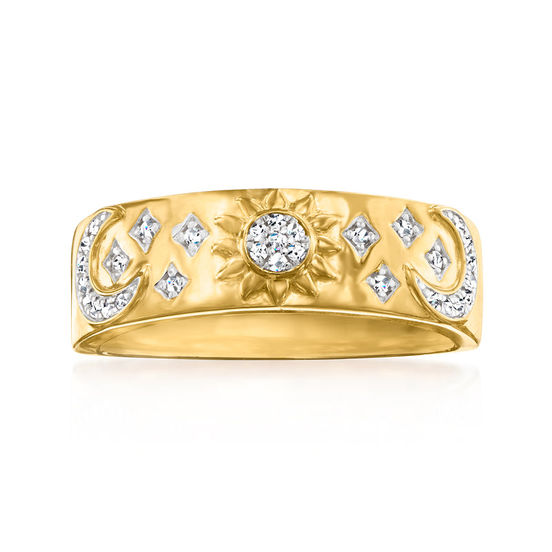 18kt gold over sterling diamond ring with central round stone and moon, sun, star motifs
